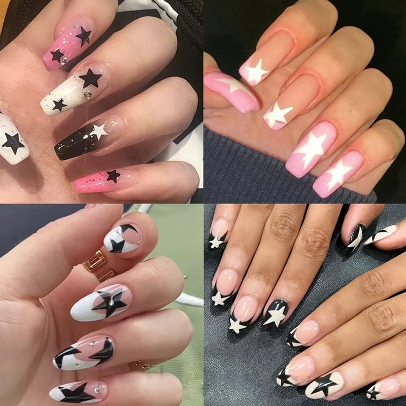 BSBTBZ 8 Sheets Star Nail Art Stickers Decals Designer Nail Art Supplies 3D Glitters Starlight Irregular Pentagram Black White Pink Lase Stars Gold Nail Design Decal for Woman DIY Manicure Decoration - Image 3